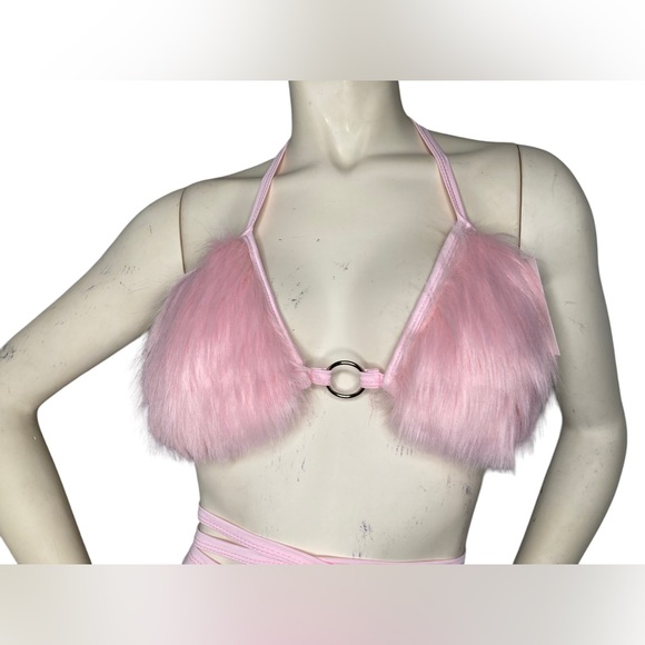 C.BRIDGETT Pink Faux Fur Triangle Criss Cross Festival Halter Crop Bikini Top, M - Picture 8 of 9
